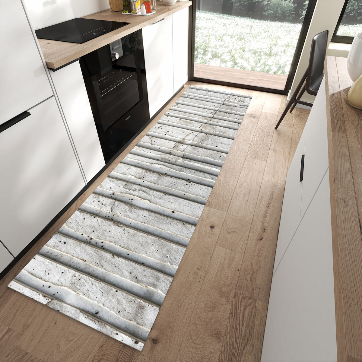 Formstabiler rutschfester Küchenläufer mit Motiv Betonstruktur in moderner Küche