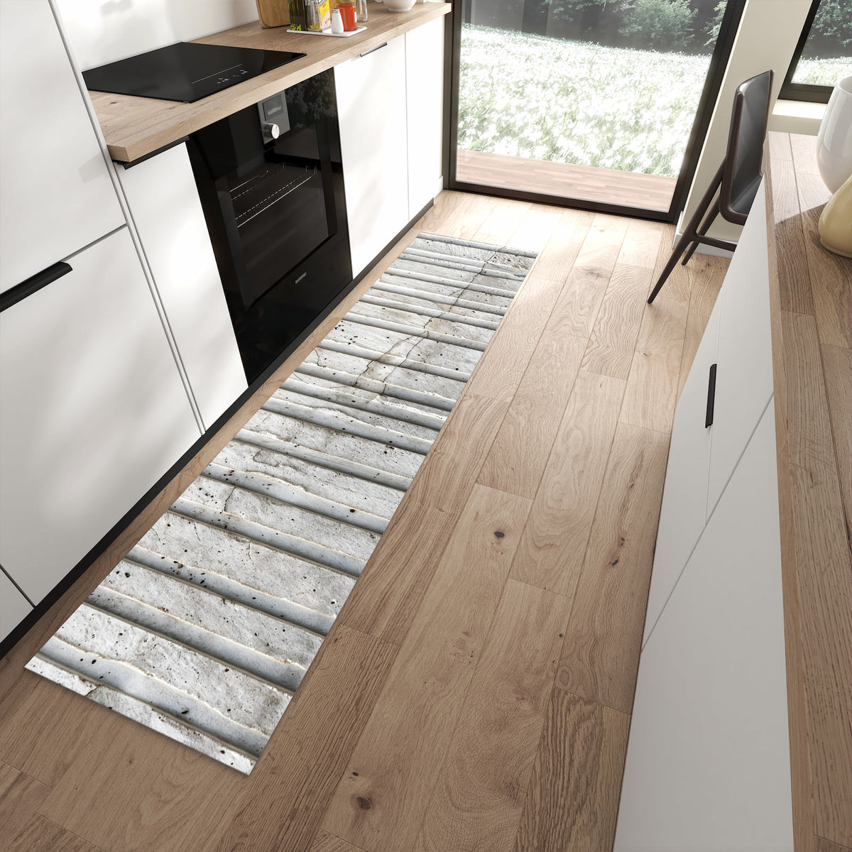 Rutschfester Küchenteppich mit Motiv Betonstruktur in moderner Küche