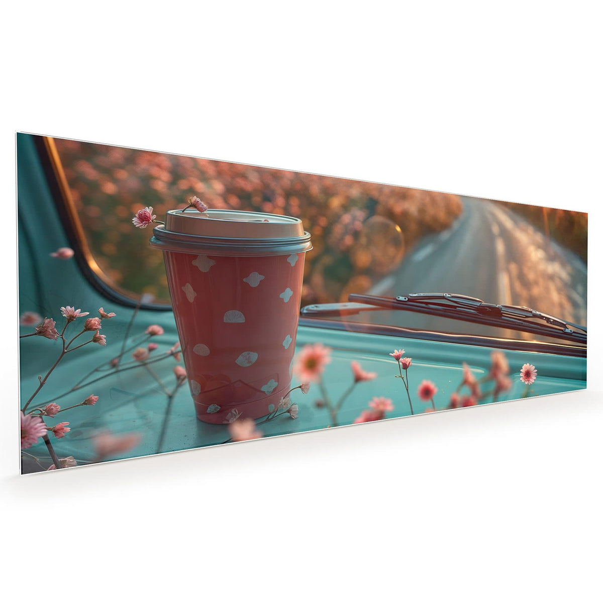 Küchenrückwand aus Glas im Hochformat: Rosa To-go-Kaffeebecher mit Deckel auf türkiser Motorhaube, rosa Blüten und Bokeh im Abendlicht #grösse_40 x 100 cm #grösse_50 x 125 cm #grösse_60 x 150 cm
