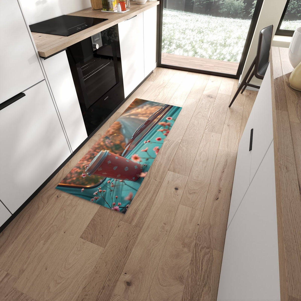 Waschbarer dünner Küchenteppich mit Motiv Kaffeebecher im Bus in moderner Küche #grösse_60 x 150 cm