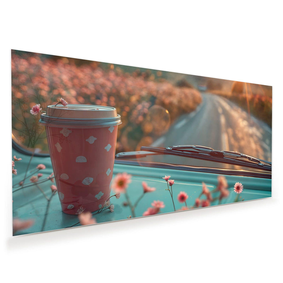 Rosa To-go-Kaffeebecher mit Deckel auf türkiser Motorhaube, rosa Blüten und Bokeh im Abendlicht