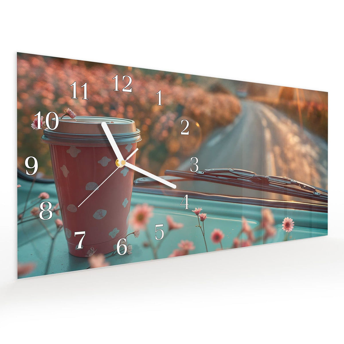 Vormontiert – mit Schwebeeffekt – Wanduhr Kaffeebecher im Bus aus Glas – Querformat 60 × 30 cm