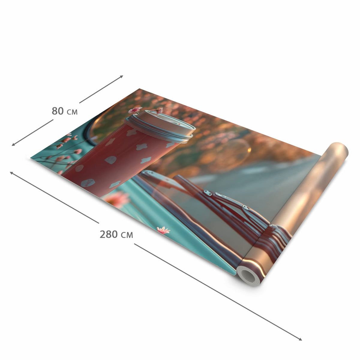 Fleckenresistenter Küchenläufer mit Motiv Kaffeebecher im Bus in der Grösse 60x270 cm