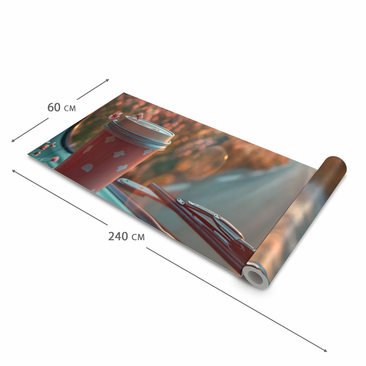Zeitsparender Küchenteppich mit Motiv Kaffeebecher im Bus in der Grösse 60x270 cm