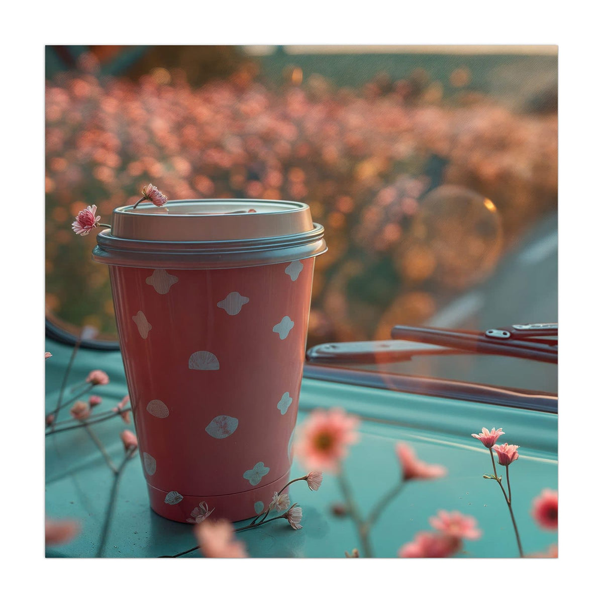Küchenrückwand aus Glas Rosa Kaffeebecher im quadratischen Format, Motiv bildfüllend von vorn