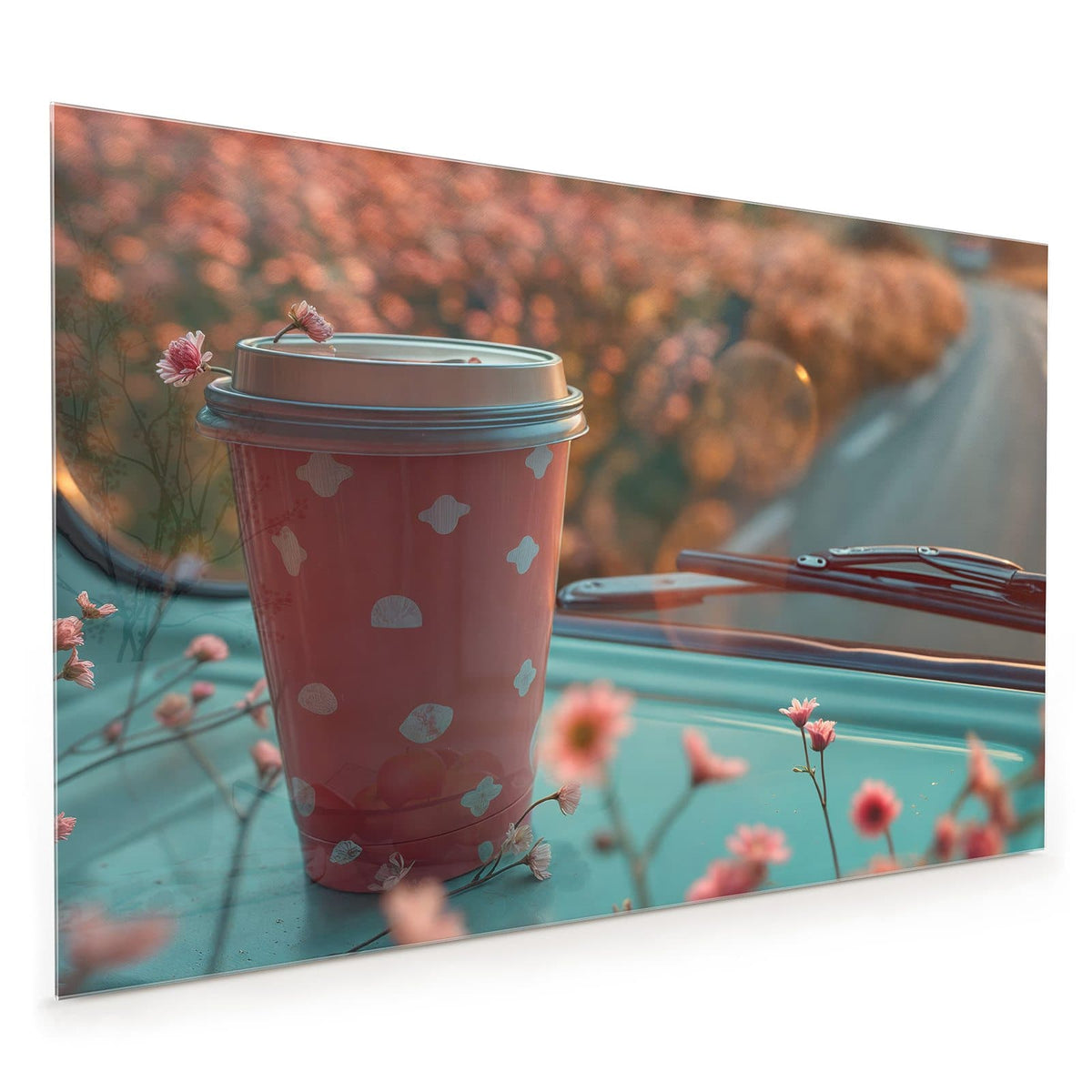 Küchenrückwand aus Glas im Hochformat: Rosa To-go-Kaffeebecher mit Deckel auf türkiser Motorhaube, rosa Blüten und Bokeh im Abendlicht