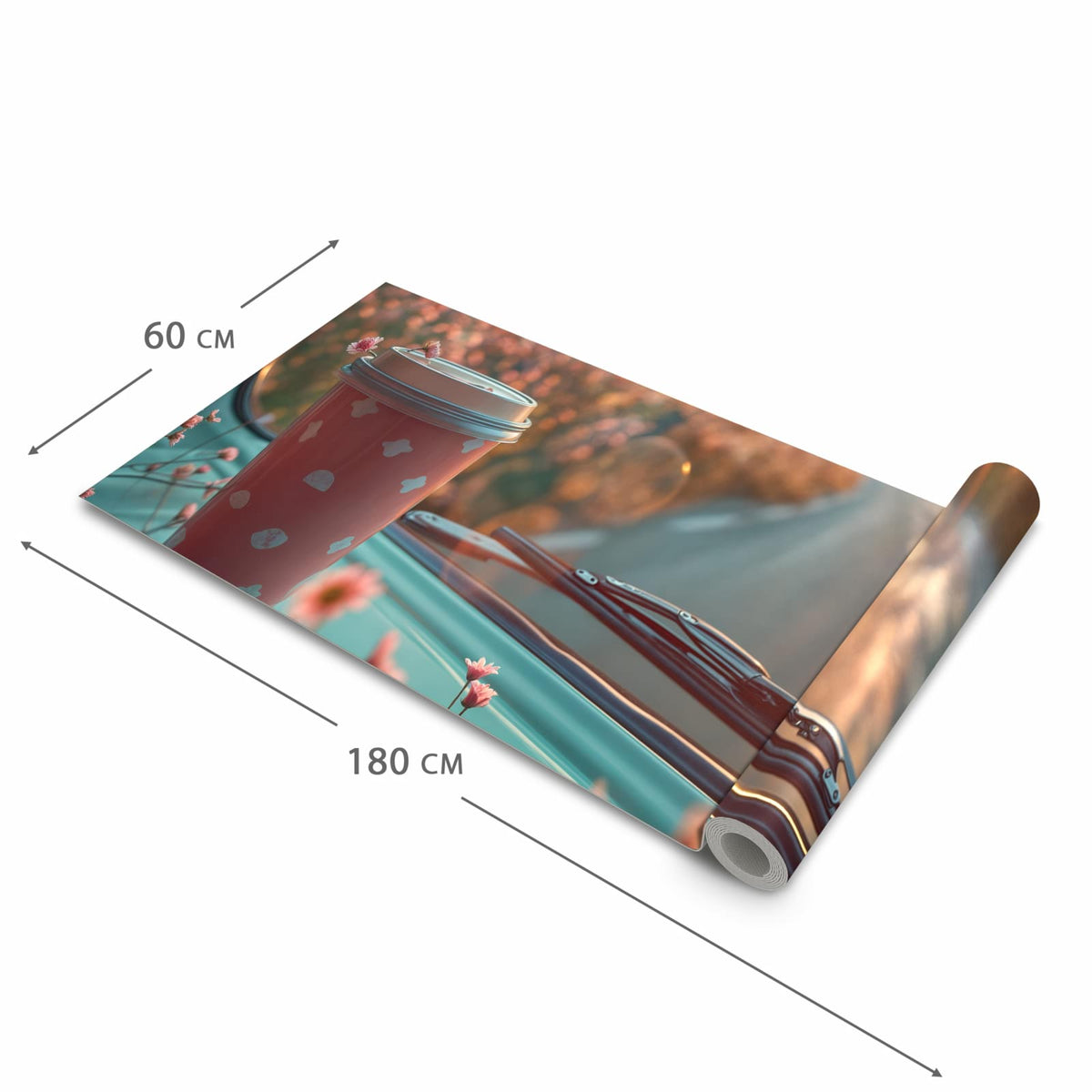 Küchenteppich mit Motiv Kaffeebecher im Bus in der Grösse 60x270 cm für sichere Aufbewahrung