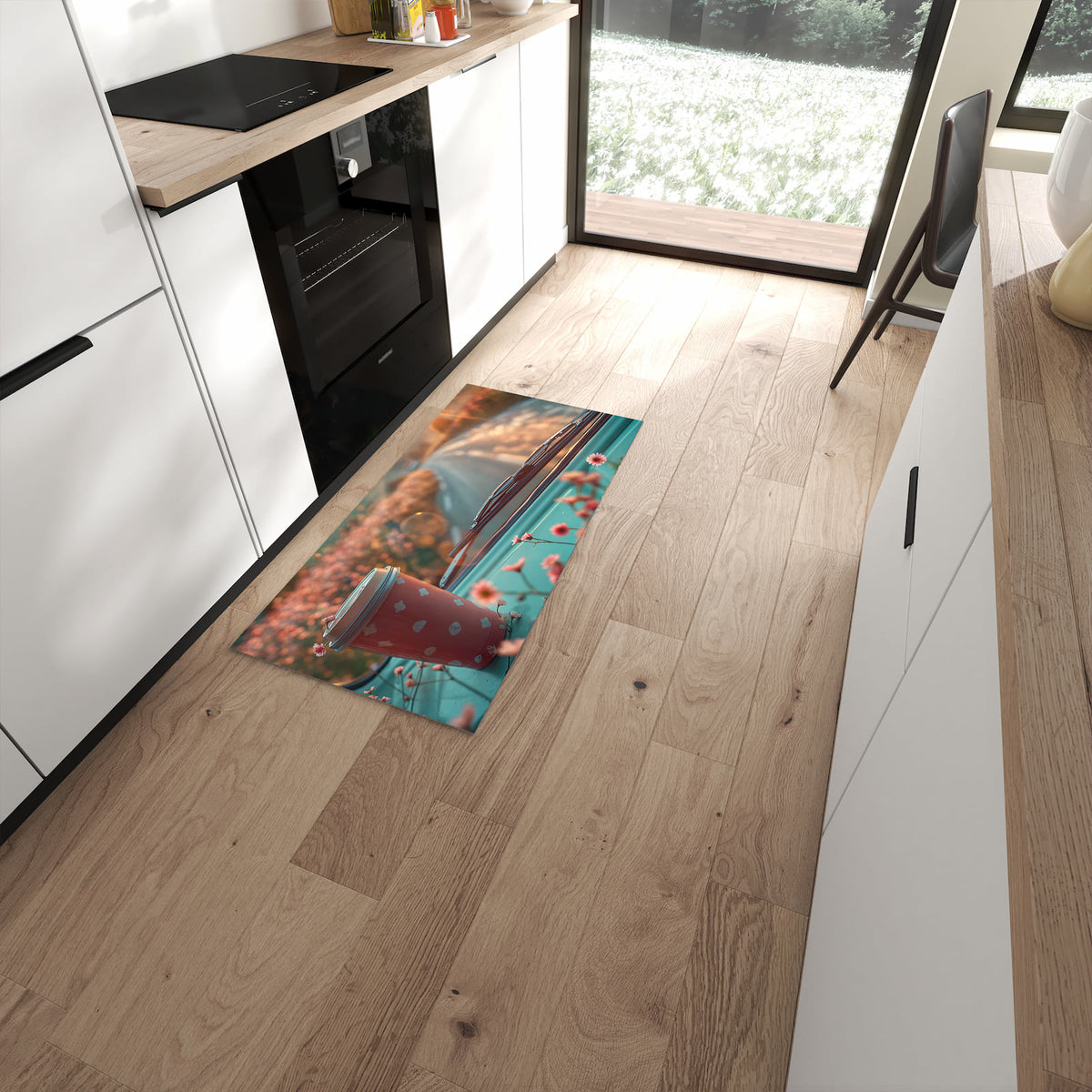 Rutschfester Küchenteppich mit Motiv Kaffeebecher im Bus für Trittkomfort in moderner Küche #grösse_60 x 120 cm