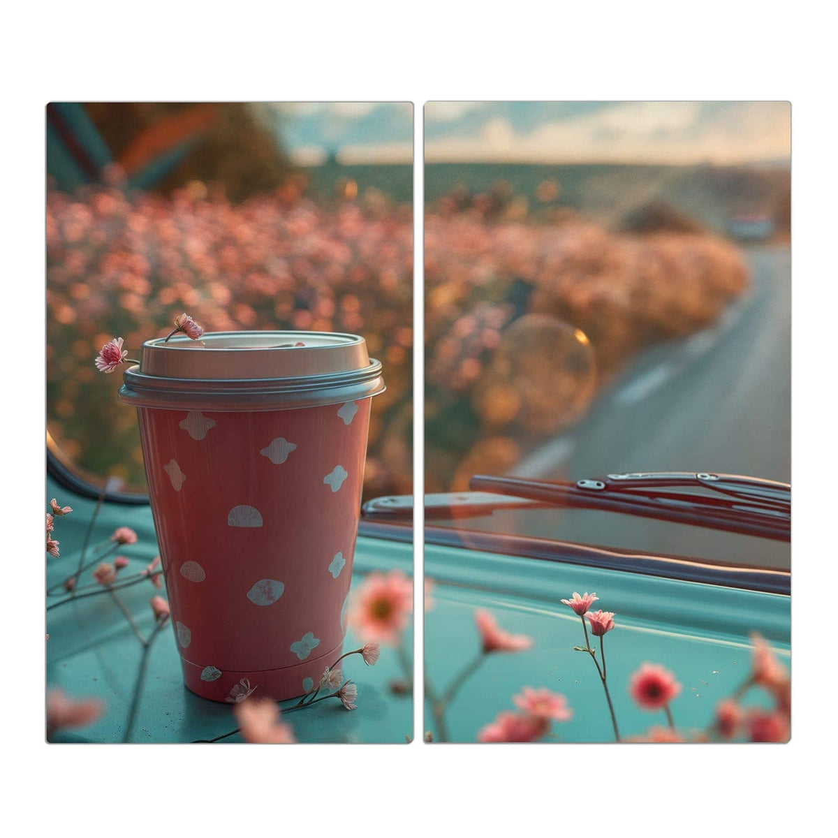 Rosa To-go-Kaffeebecher mit Deckel auf türkiser Motorhaube, rosa Blüten und Bokeh im Abendlicht