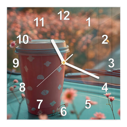 Wanduhr Quadratisch mit dem Motiv Rosa Kaffeebecher