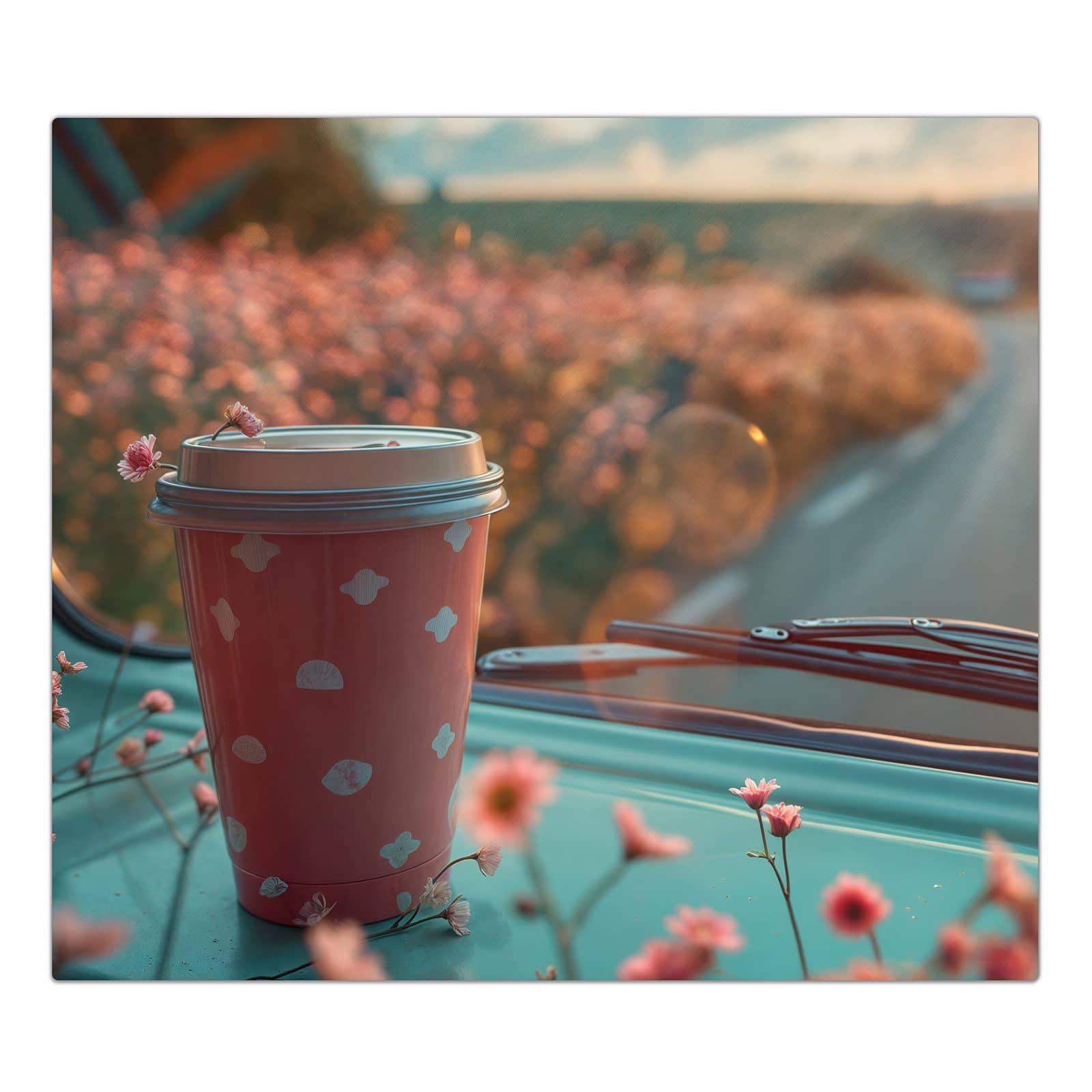 1-teilige Herdabdeckung aus Glas mit Kaffeebecher im Bus-Motiv in der Frontansicht #grösse_1-Teilig (60x52cm)
