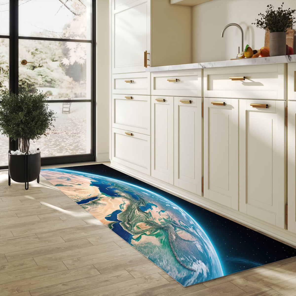 Rutschfester Bodenläufer-Teppich mit Motiv Erde aus dem All in heller Küche