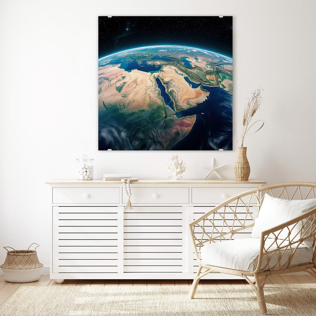 Glasbild Erde aus dem All an der Wand – Erdkugel aus dem Orbit, Arabische Halbinsel und Nordostafrika unter dünner Atmosphäre