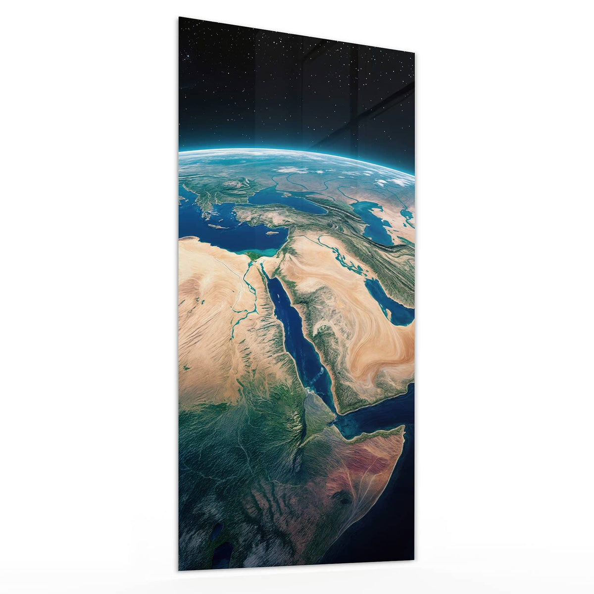 Wandbild aus Glas Erde aus dem All schräg von der Seite, 4 mm starkes Echtglas #grösse_30 x 60 cm #grösse_40 x 80 cm #grösse_50 x 100 cm #grösse_55 x 110 cm #grösse_60 x 120 cm