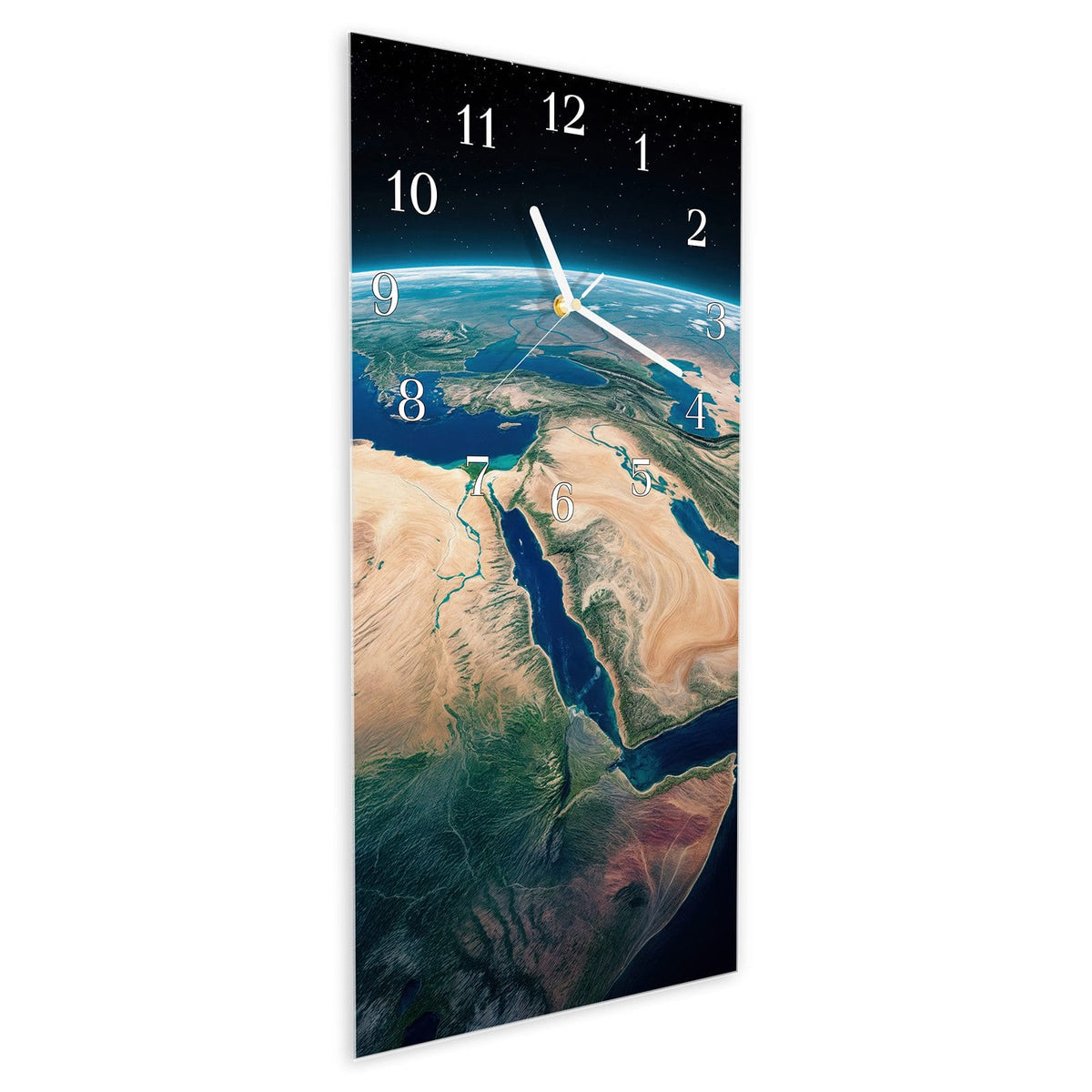 Vormontiert – mit Schwebeeffekt – Wanduhr Erde aus dem All aus Glas – Hochformat 30 × 60 cm