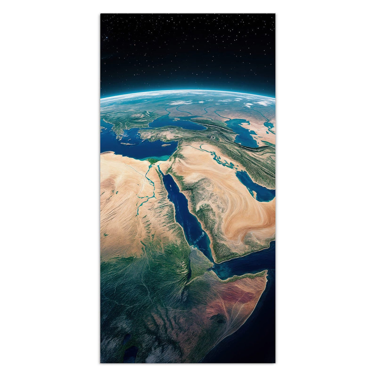 Wandbild aus Glas mit Motiv Erde aus dem All: Erdkugel aus dem Orbit, Arabische Halbinsel und Nordostafrika unter dünner Atmosphäre #grösse_30 x 60 cm #grösse_40 x 80 cm #grösse_50 x 100 cm #grösse_55 x 110 cm #grösse_60 x 120 cm
