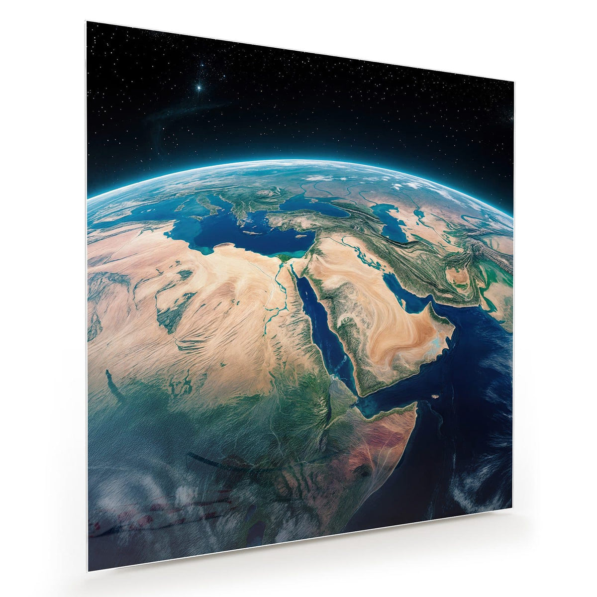 Erdkugel aus dem Orbit, Arabische Halbinsel und Nordostafrika unter dünner Atmosphäre