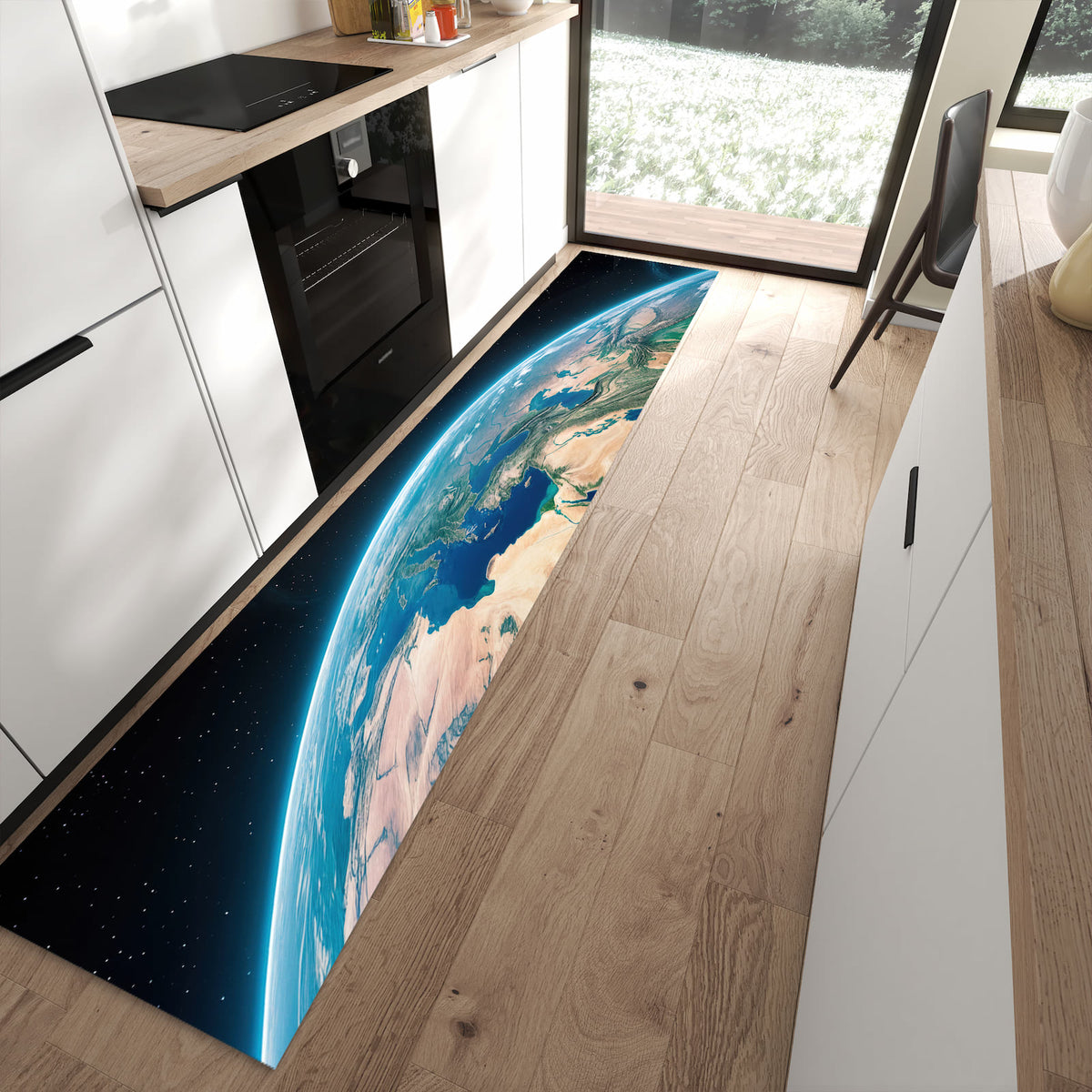 Bodenschonender Küchenläufer mit Motiv Erde aus dem All in moderner Küche