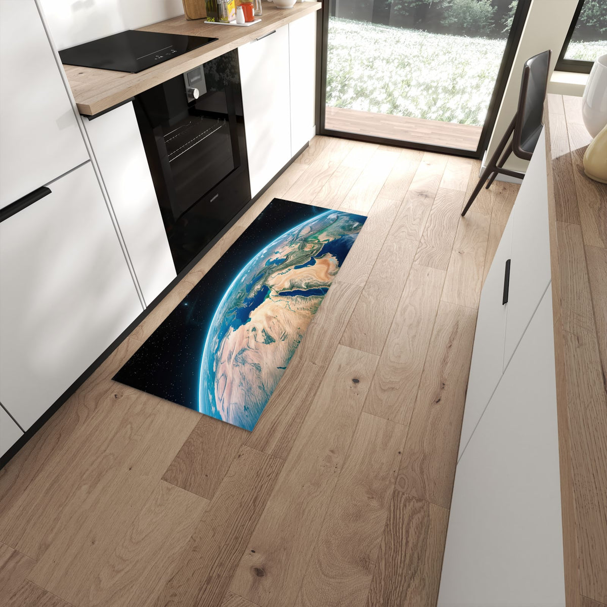 Rutschfester Küchenläufer mit Motiv Erde aus dem All in moderner Küche #grösse_60 x 150 cm
