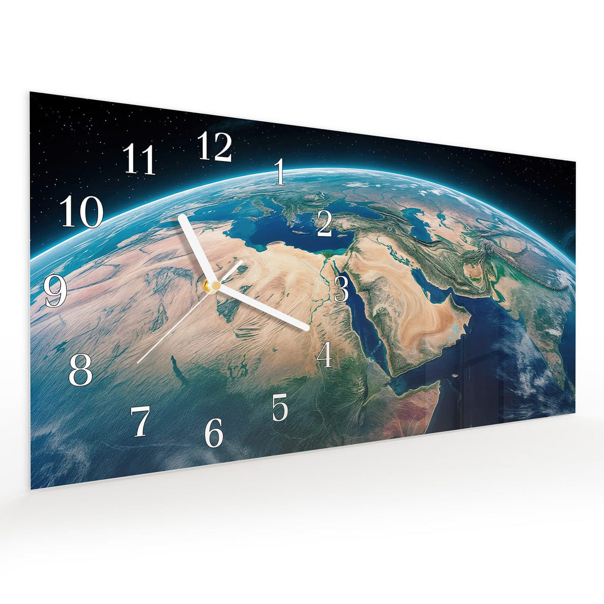 Vormontiert – mit Schwebeeffekt – Wanduhr Erde aus dem All aus Glas – Querformat 60 × 30 cm