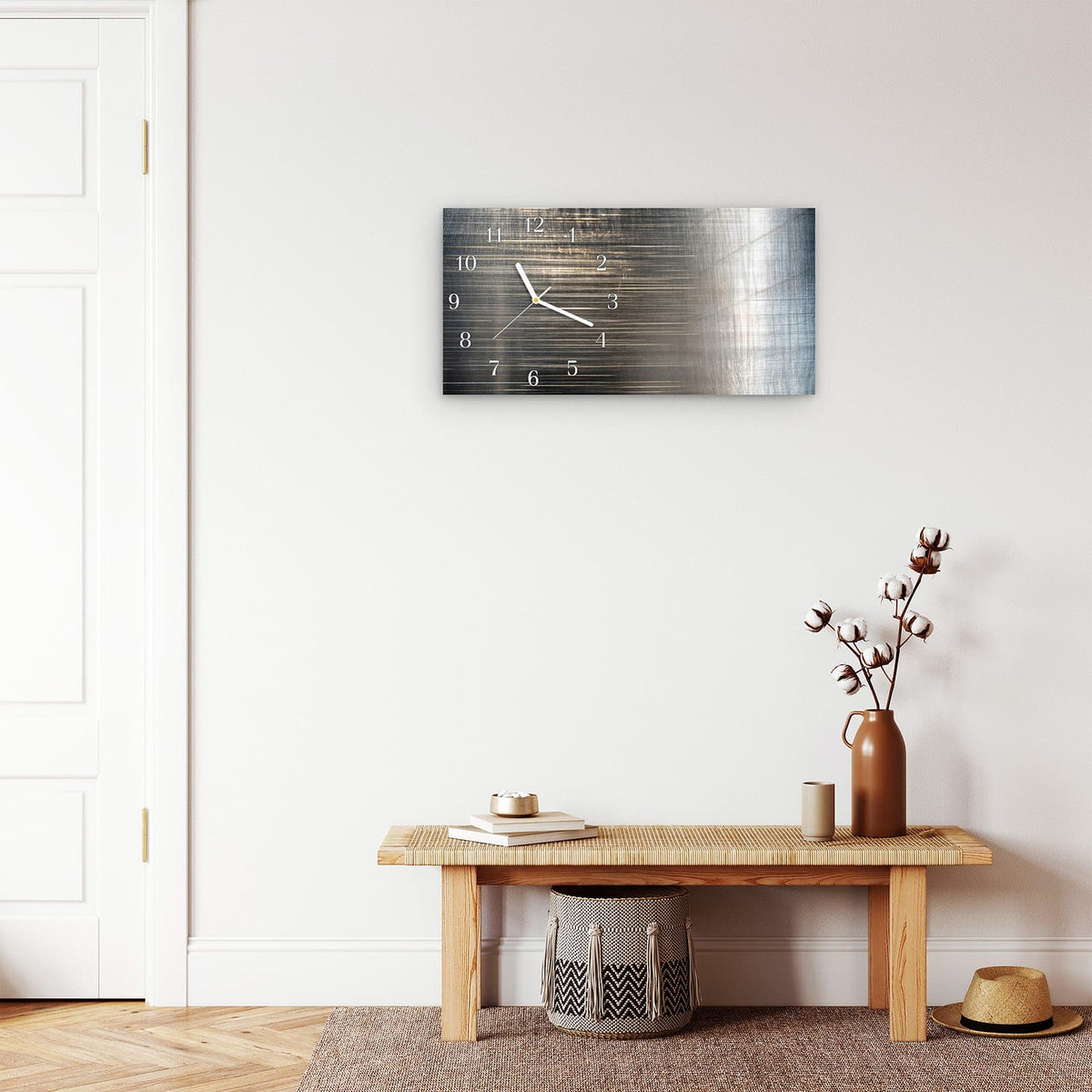 Moderne Wanduhr aus Glas mit Farbtiefe – Wanduhr Gekratzte Textur aus Glas – Querformat 60 × 30 cm