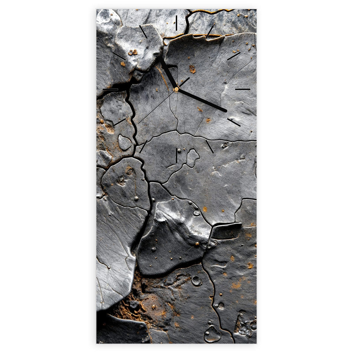 Wanduhr aus Glas, Ziffernblatt Linie mit Motiv Schiefer mit Rostspuren: Dunkelgraue