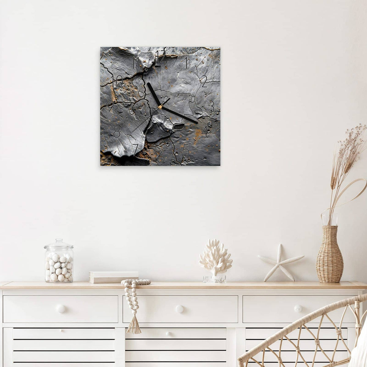 Wanduhr Schiefer mit Rostspuren aus Glas – Quadratisch 30 × 30 cm – Dunkler Schiefer mit rostigen Adern