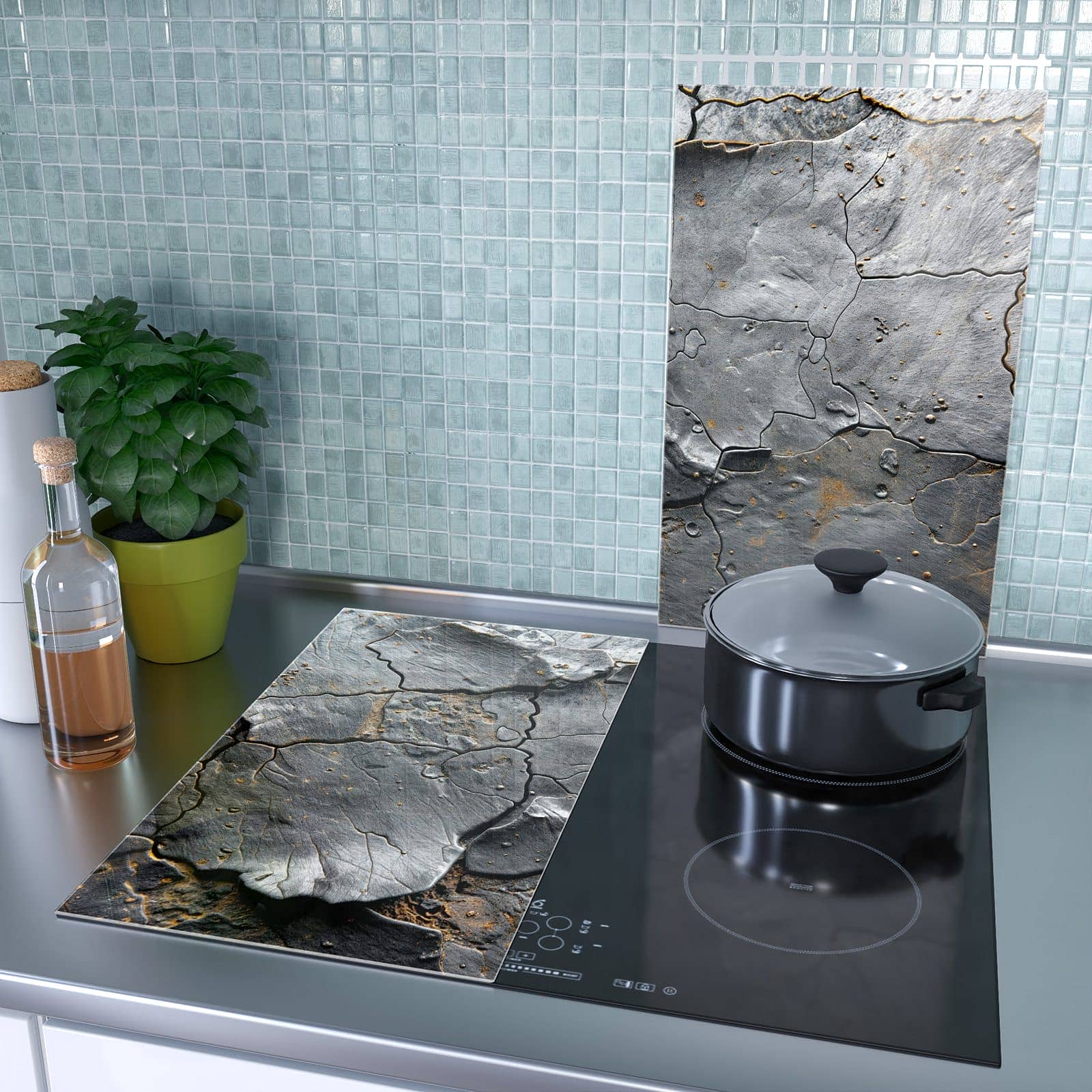 2-teilige Abdeckplatten Ceranfeld mit Verwittertes Gestein-Motiv als Spritzschutz hinter dem Kochfeld