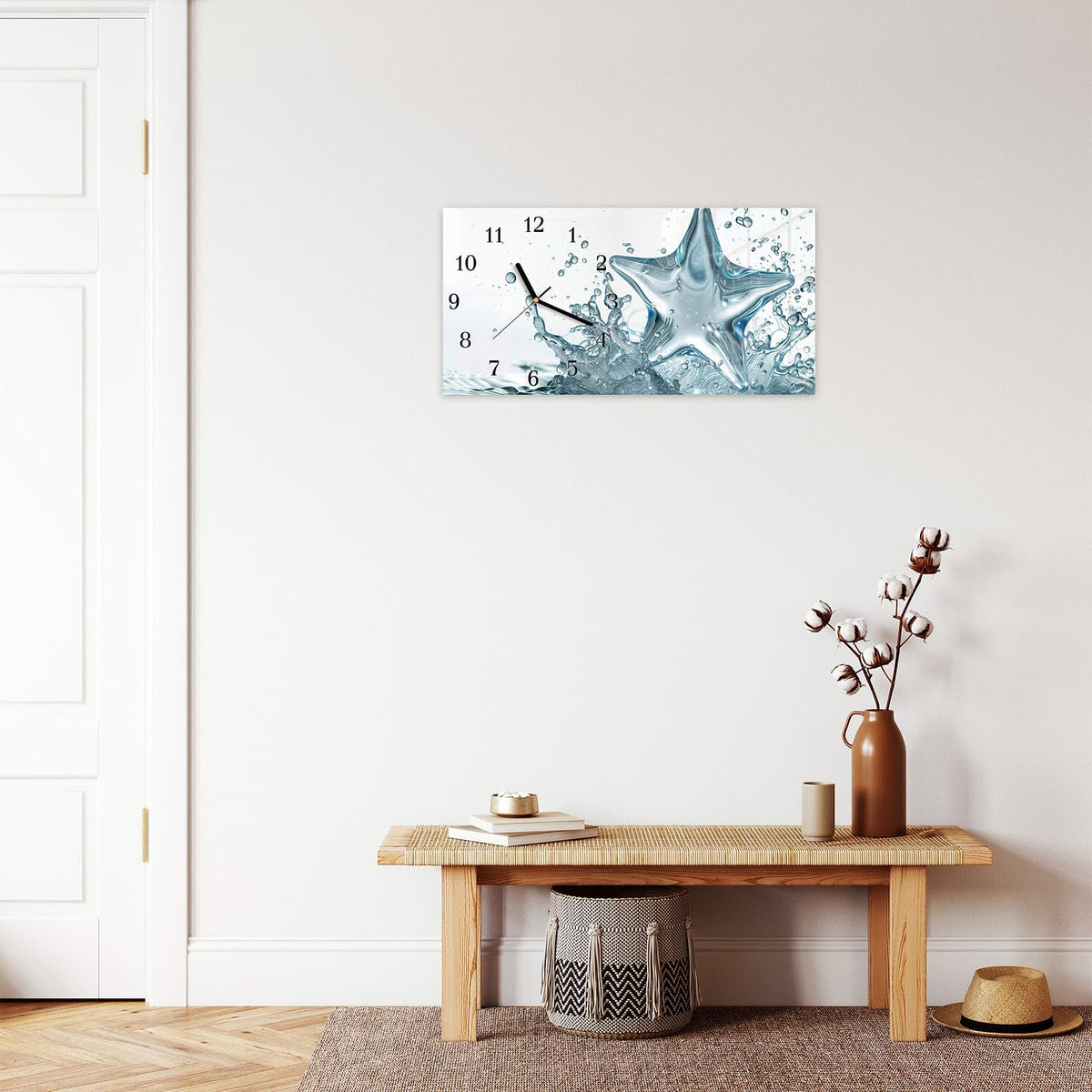 Moderne Wanduhr aus Glas mit Farbtiefe – Wanduhr Sternspritzer aus Glas – Querformat 60 × 30 cm