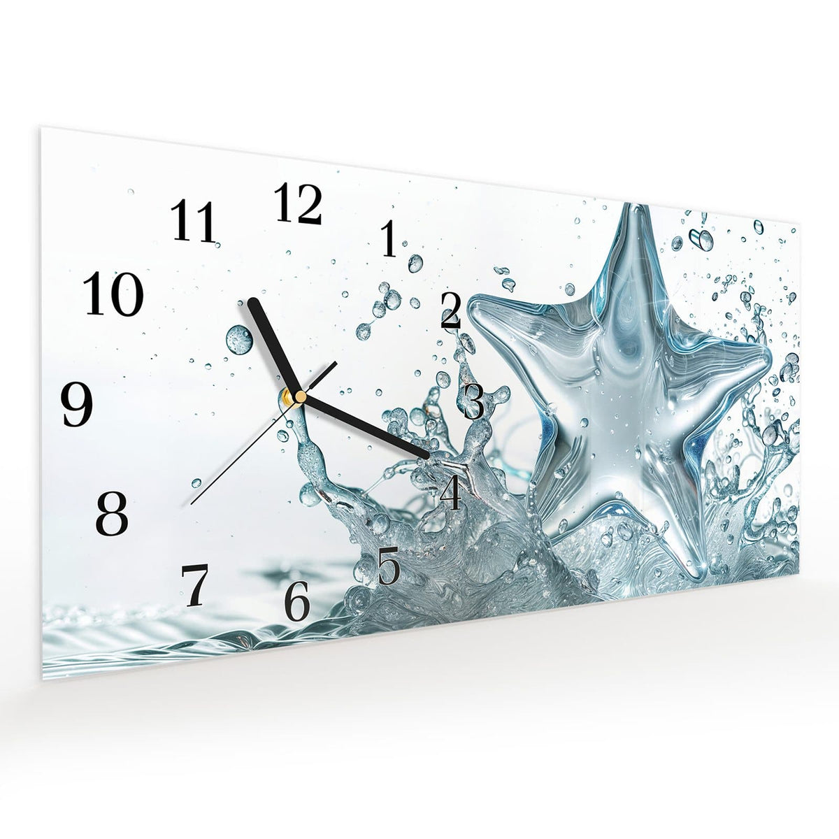 Vormontiert – mit Schwebeeffekt – Wanduhr Sternspritzer aus Glas – Querformat 60 × 30 cm