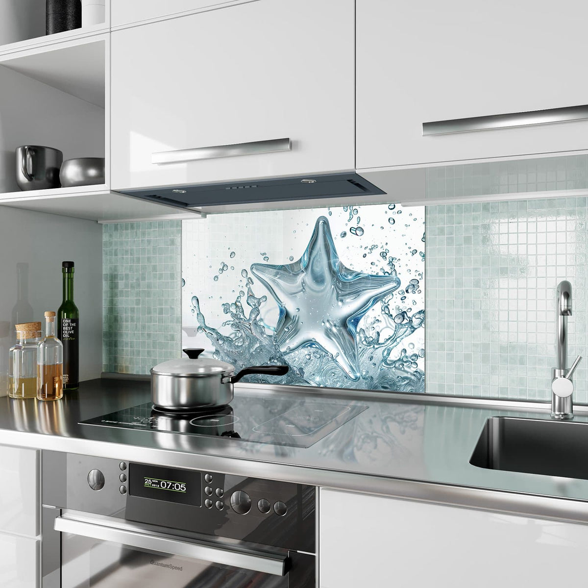 Küchenrückwand aus Glas Stern aus Wasser im Hochformat als Spritzschutz hinter dem Kochfeld, über dem Fliesenspiegel montiert