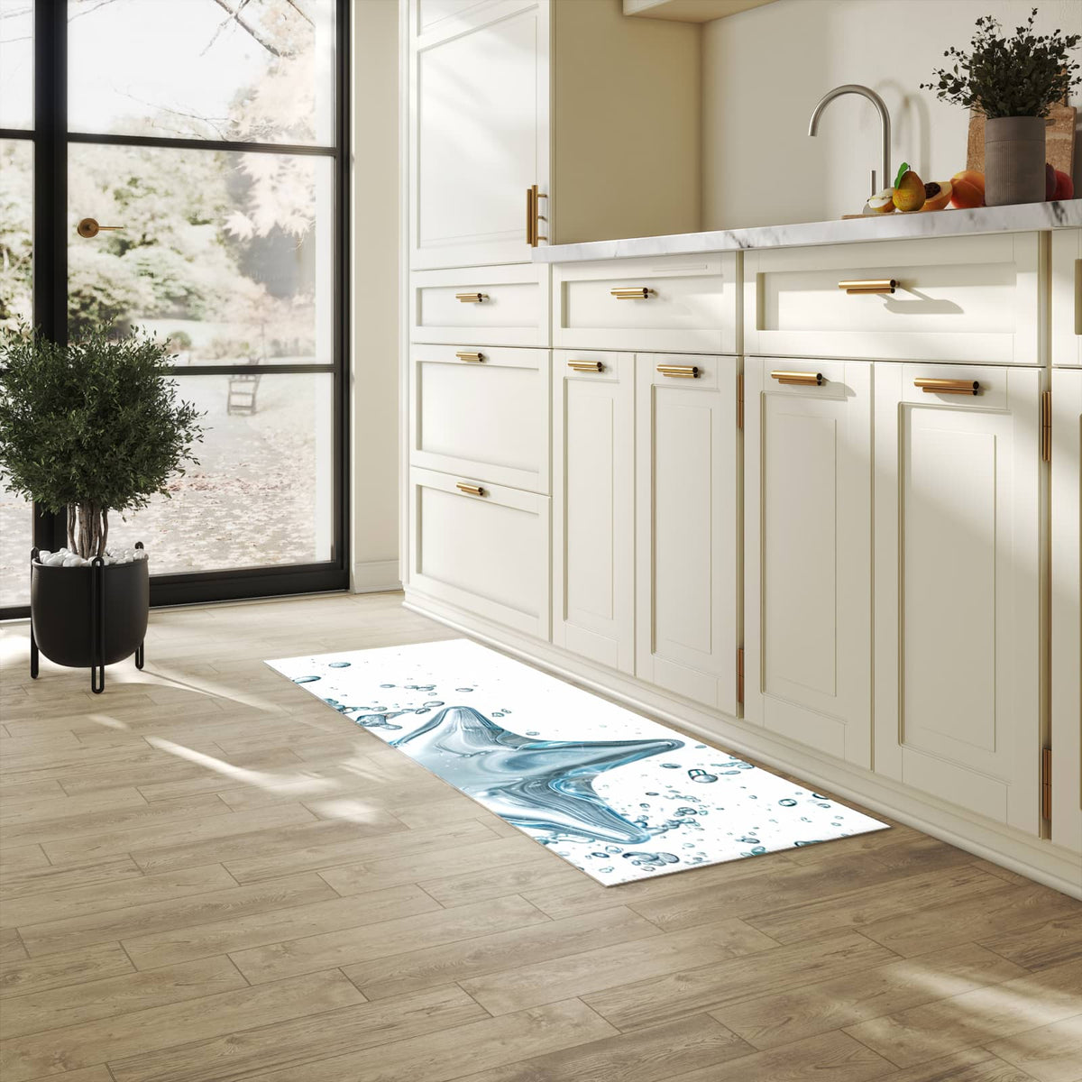 Geräuschdämpfender waschbarer Küchenteppich mit Motiv Sternspritzer in heller Küche
