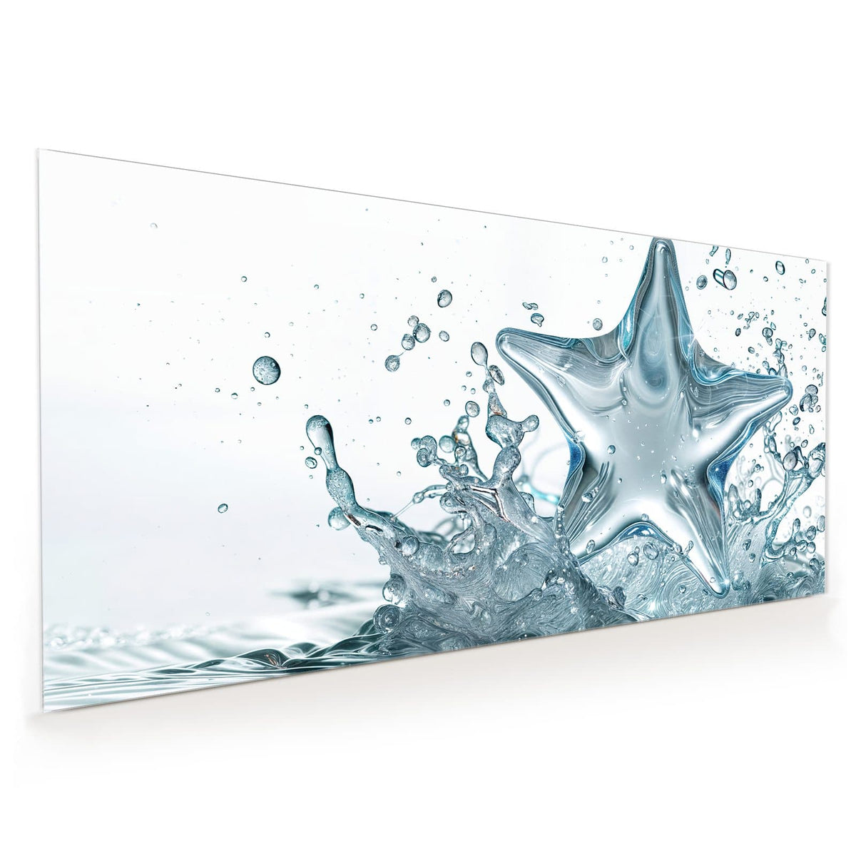 Küchenrückwand aus Glas im Hochformat: Stern aus glasklarem Wasser, der aus einer aufspritzenden Wasseroberfläche aufsteigt