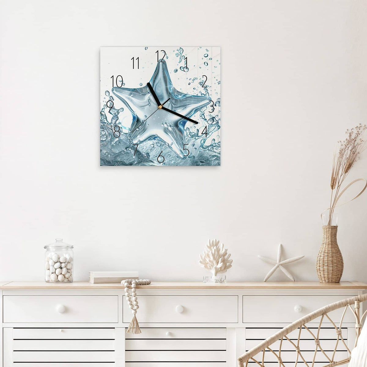 Wanduhr Stern aus Wasser aus Glas – Quadratisch 30 × 30 cm – Gläserner Stern steigt aus dem Wasser