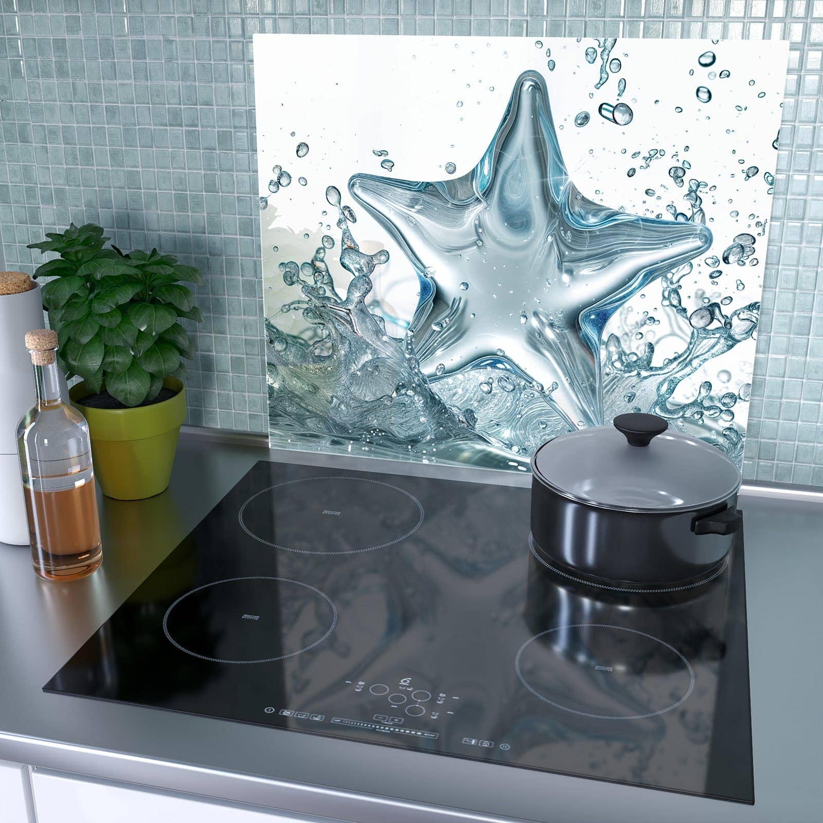 1-teilige Herdabdeckplatte mit Sternspritzer-Motiv als Spritzschutz hinter dem Kochfeld