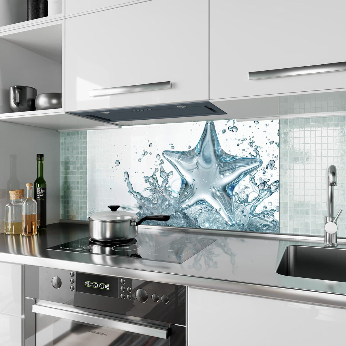 Küchenrückwand aus Glas Stern aus Wasser im Hochformat als Spritzschutz hinter dem Kochfeld, über dem Fliesenspiegel montiert