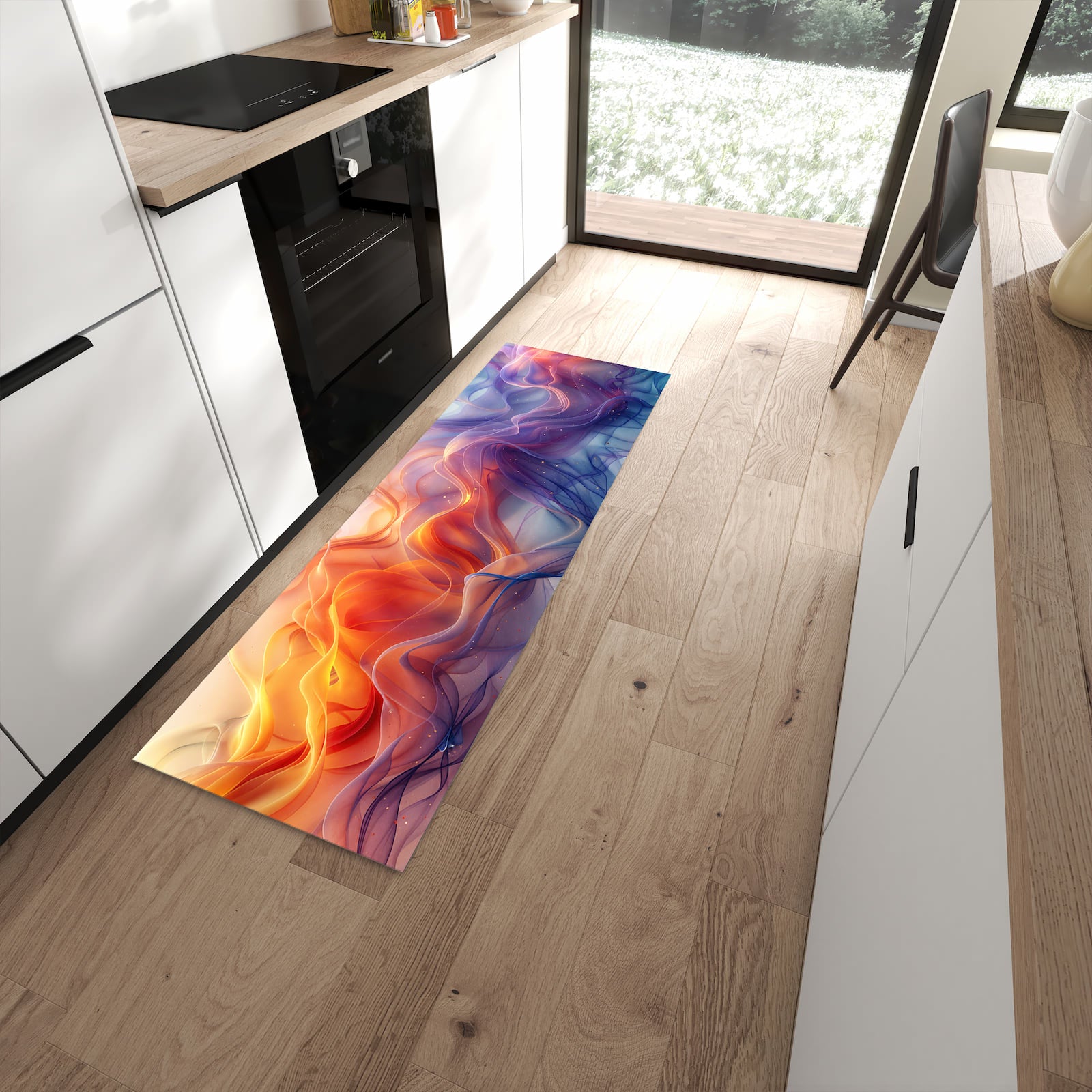 Ordnungsschaffender Küchenläufer mit Motiv Farbwirbel in moderner Küche