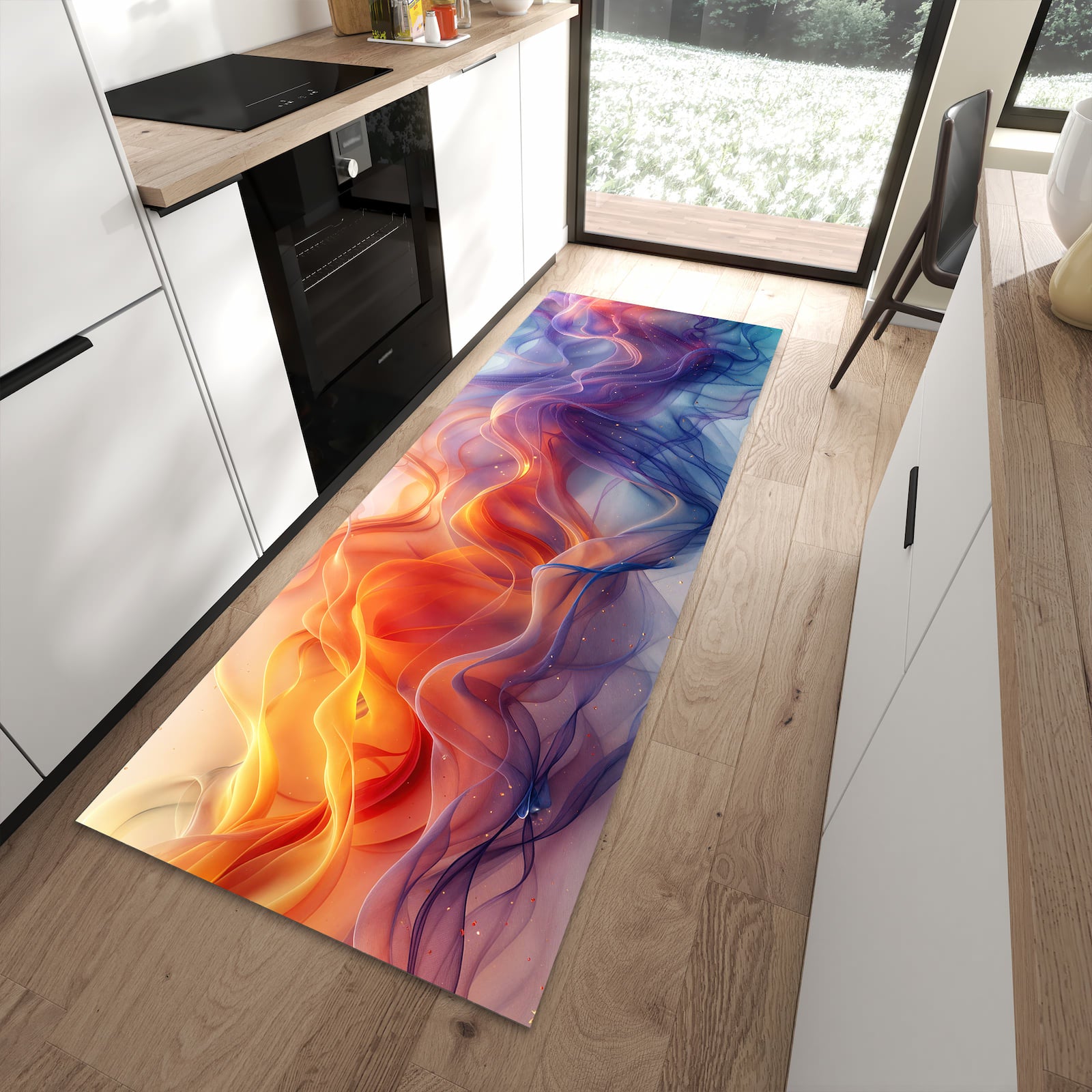 Wasserabweisender Teppich für die Küche mit Motiv Farbwirbel in moderner Küche