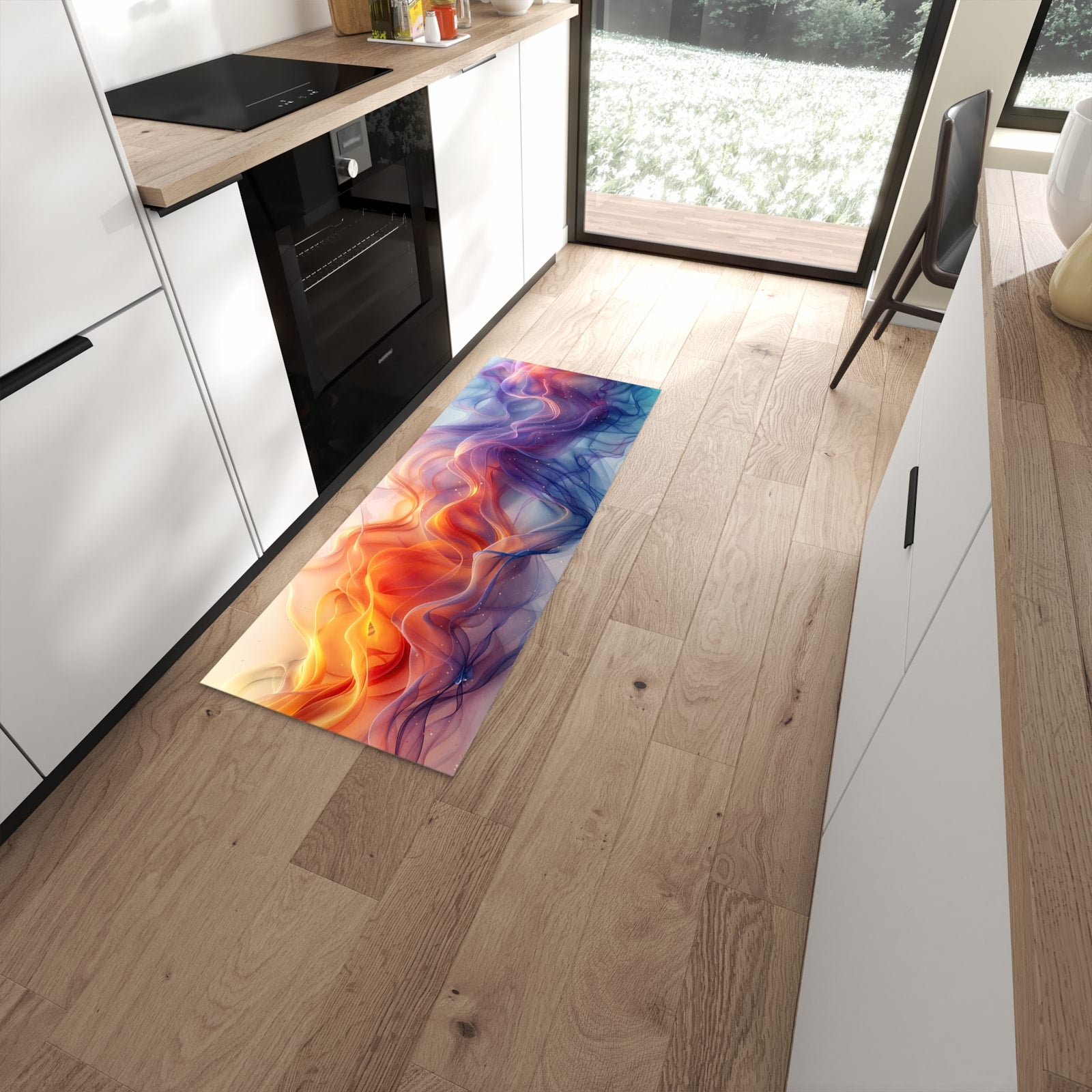Bodenschonender rutschfester Küchenläufer mit Motiv Farbwirbel in moderner Küche #grösse_60 x 150 cm