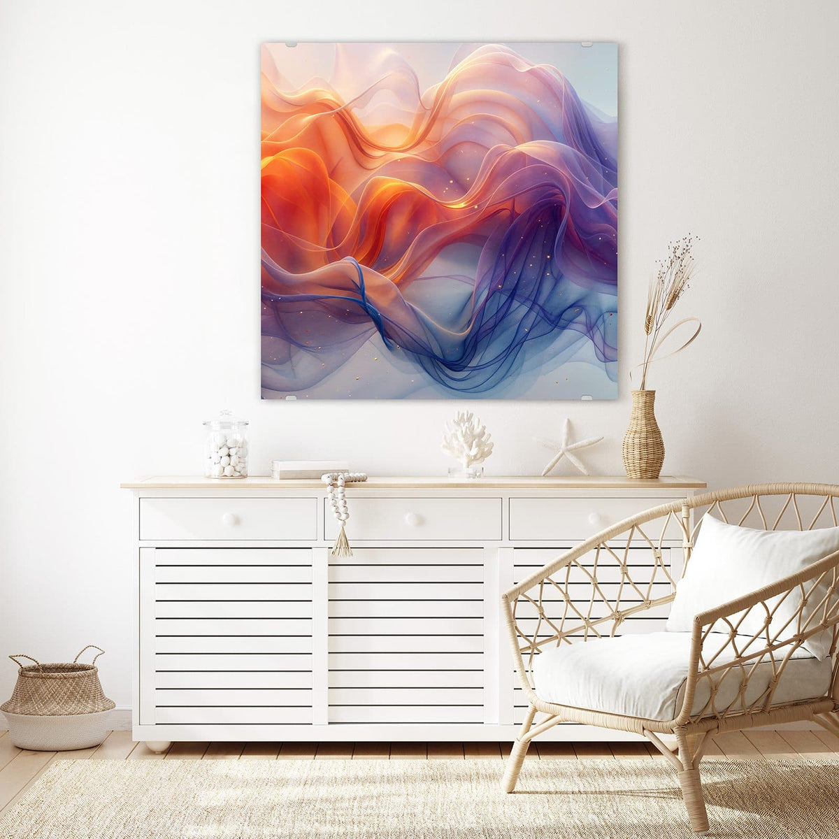 Glasbild Seidenbänder in Orange an der Wand – transparente, geschwungene Bänder in Orange, Violett und Blau mit Goldpunkten