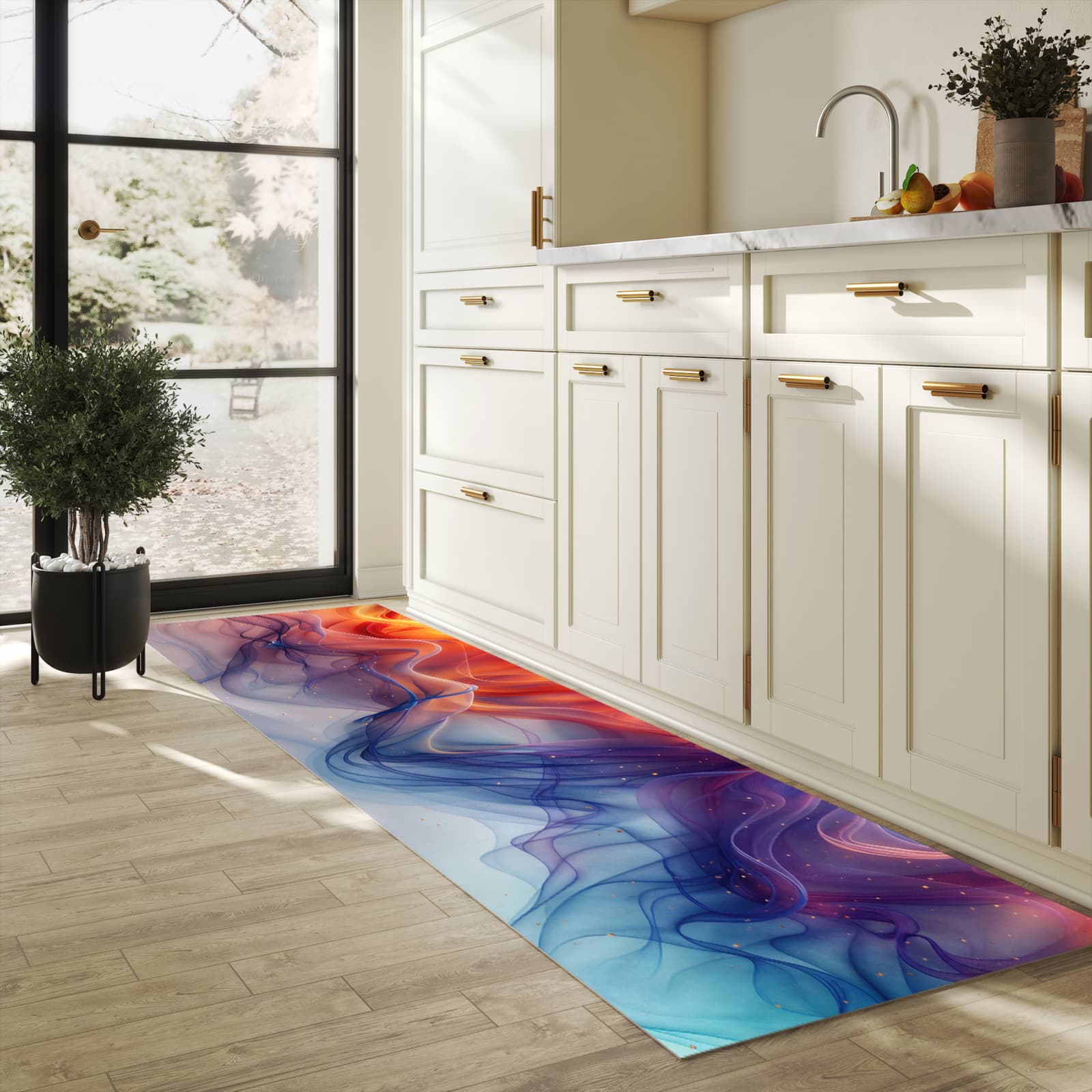 Bodenschonender waschbarer Küchenteppich mit Motiv Farbwirbel in heller Küche
