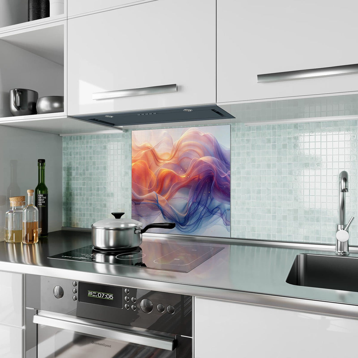 Küchenrückwand Seidenbänder in Orange aus Glas – Transparente Farbbänder in Orange und Blau