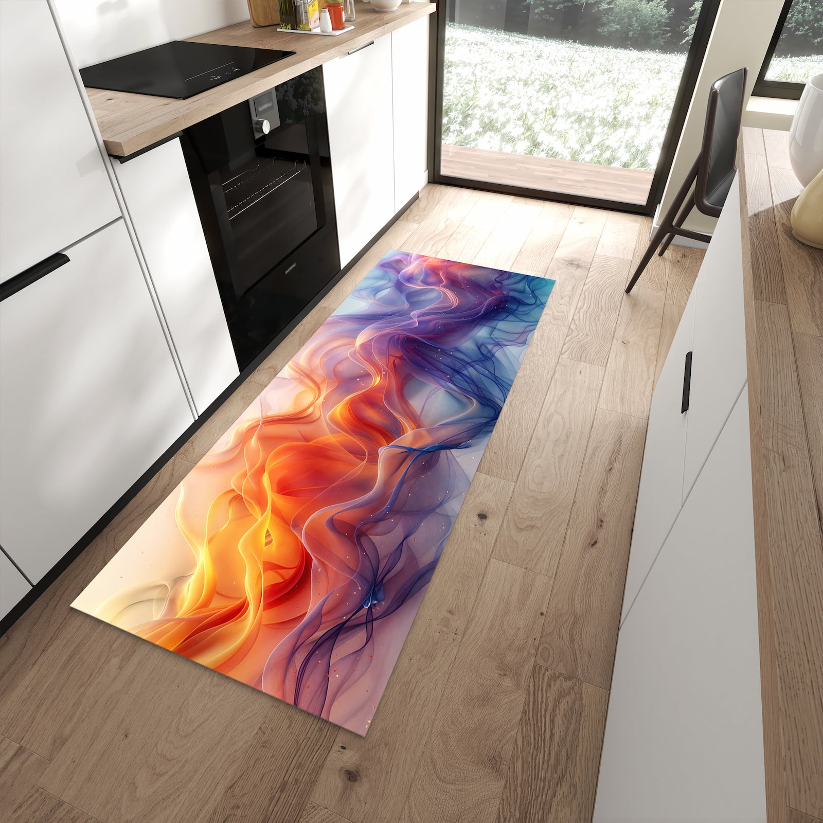 Zeitsparender abwaschbarer Küchenteppich mit Motiv Farbwirbel in moderner Küche
