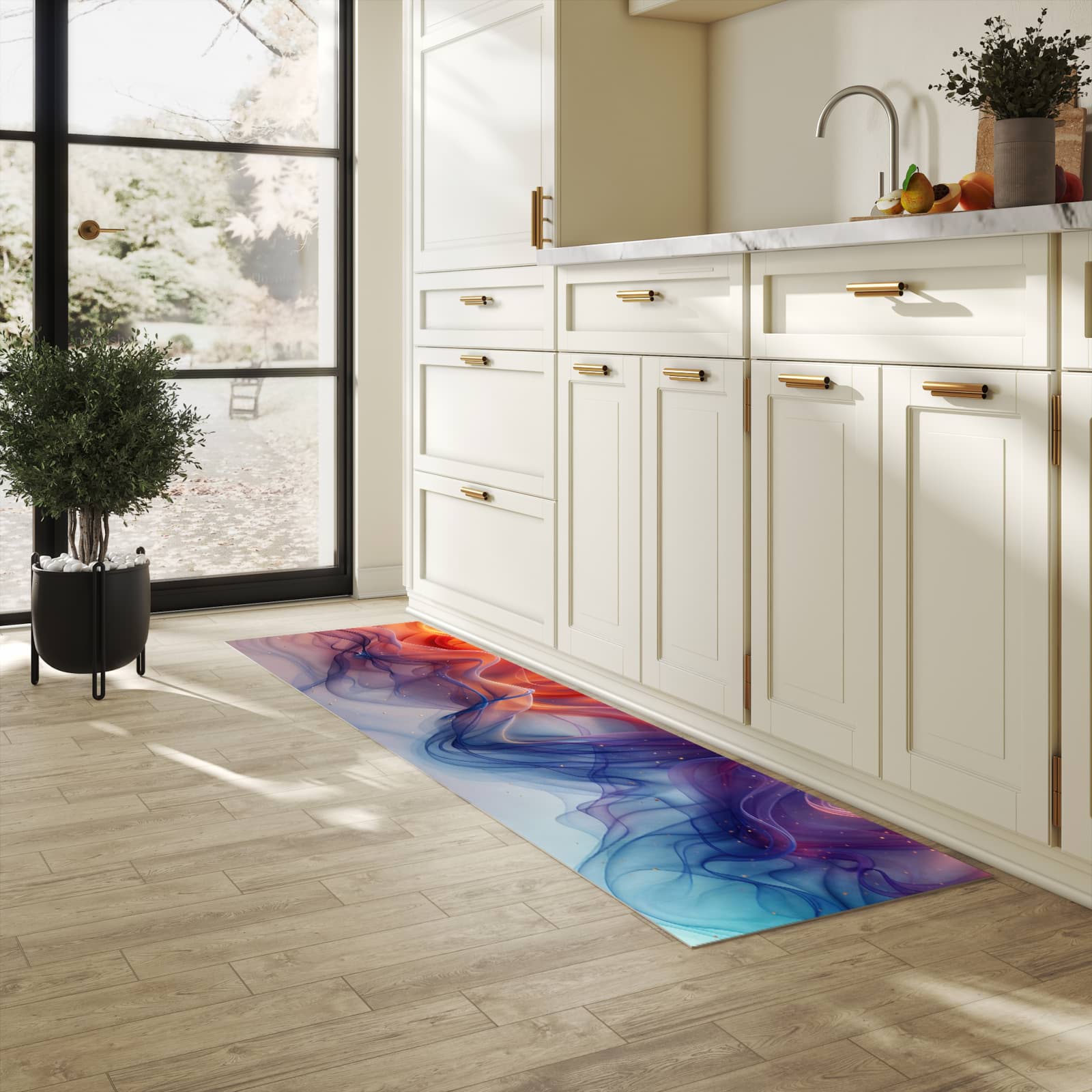 Strapazierfähiger dünner Küchenteppich mit Motiv Farbwirbel in heller Küche