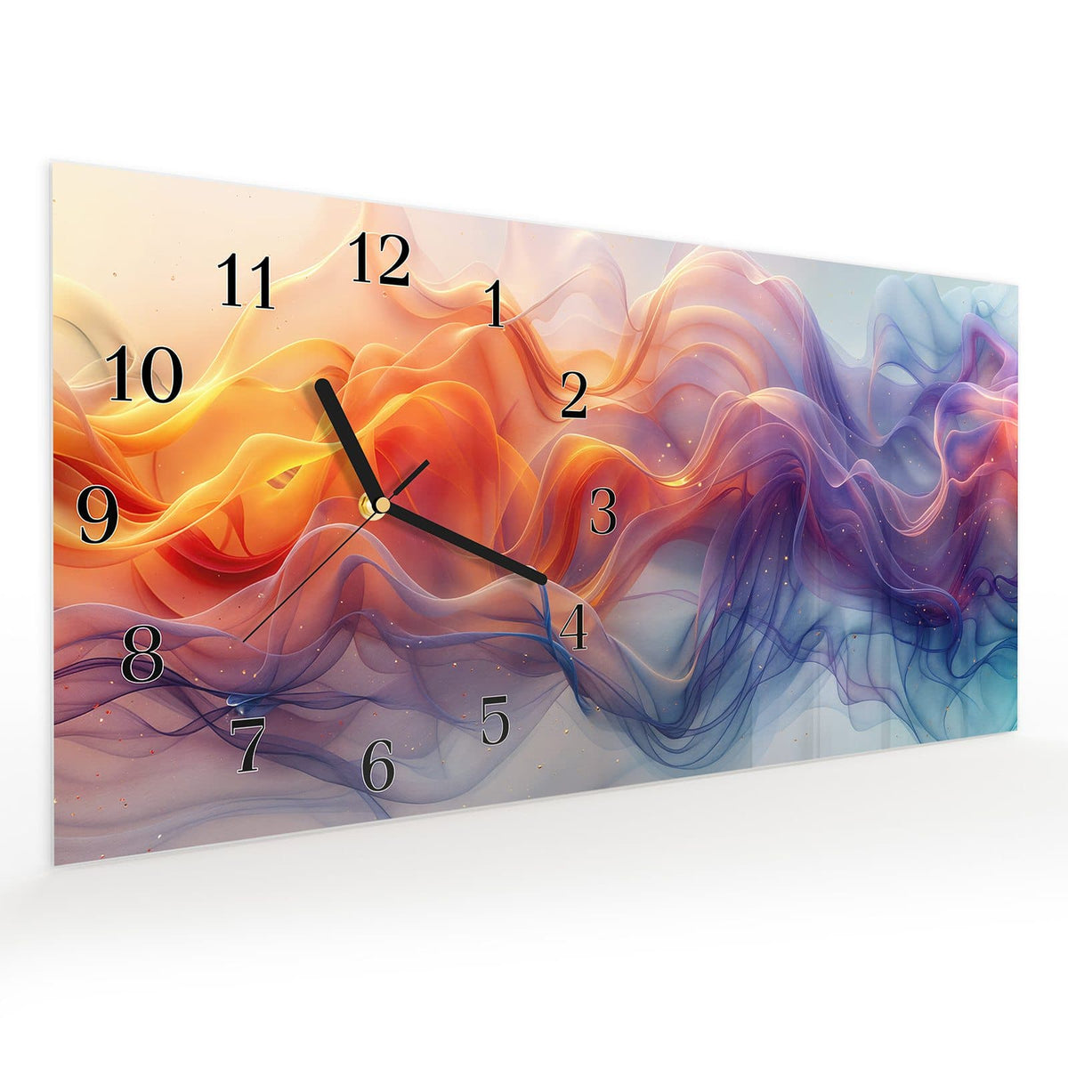 Vormontiert – mit Schwebeeffekt – Wanduhr Farbwirbel aus Glas – Querformat 60 × 30 cm
