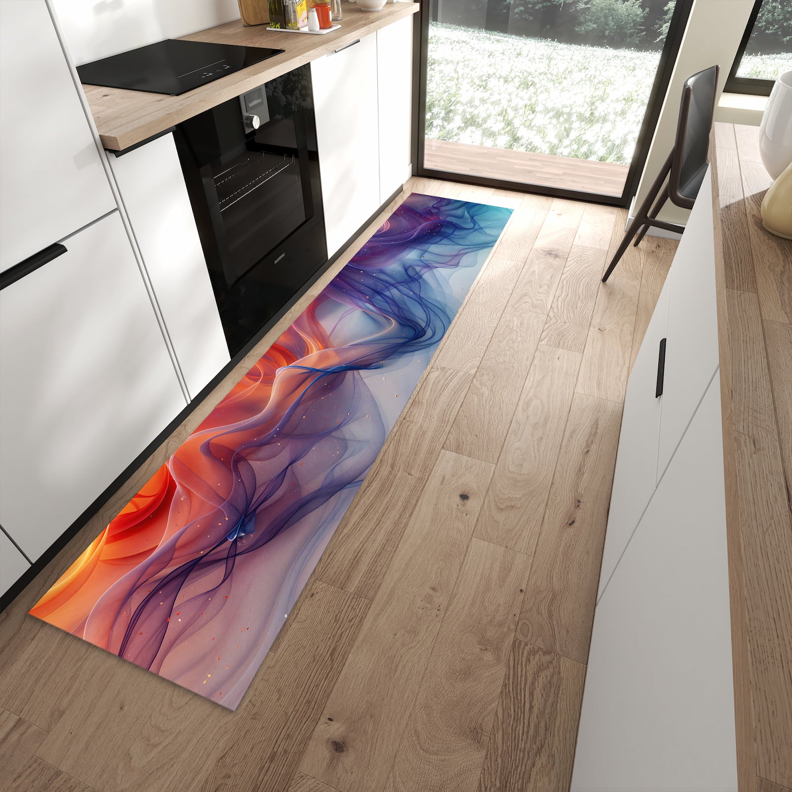 Farbbeständiger Küchenläufer mit Motiv Farbwirbel in moderner Küche zum Waschen