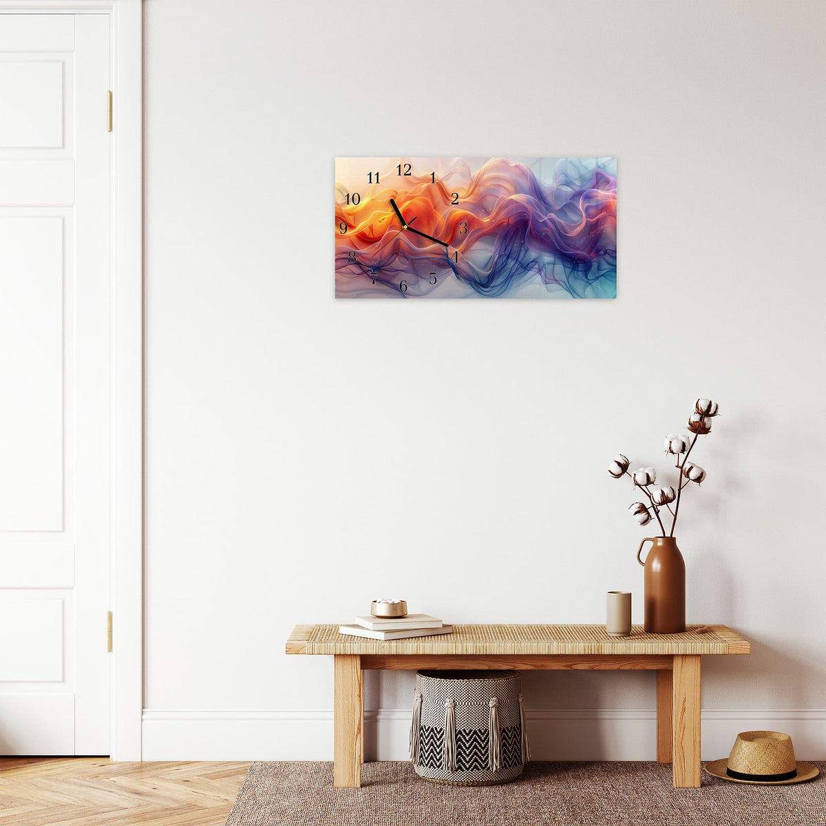 Moderne Wanduhr aus Glas mit Farbtiefe – Wanduhr Farbwirbel aus Glas – Querformat 60 × 30 cm