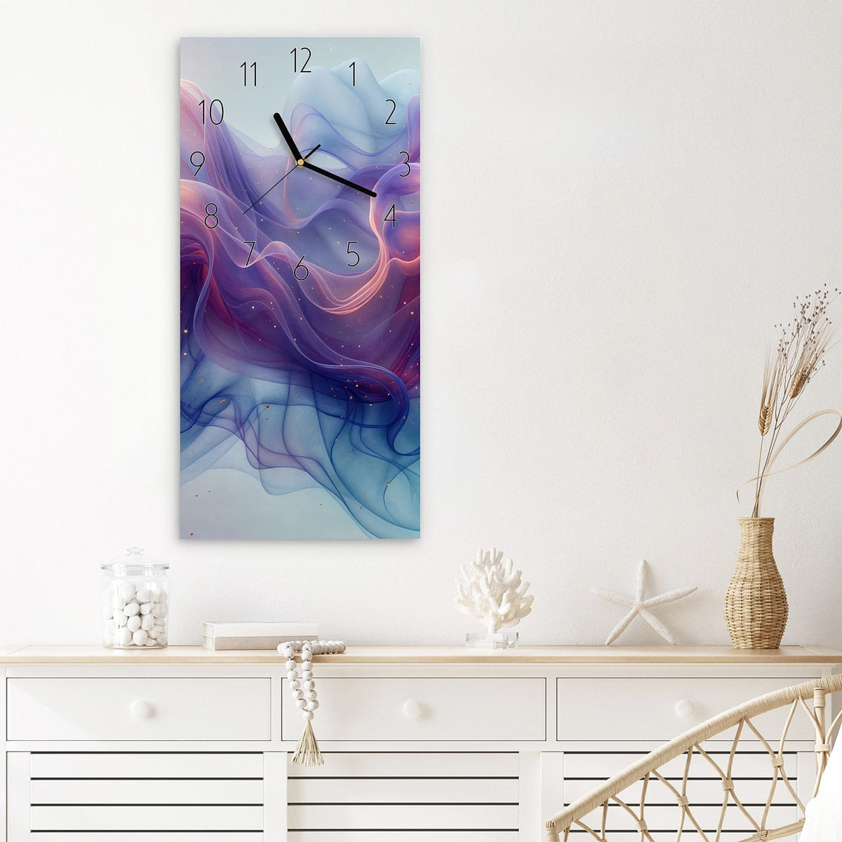 Wanduhr Farbwirbel aus Glas – Transparente Farbbänder in Orange und Blau