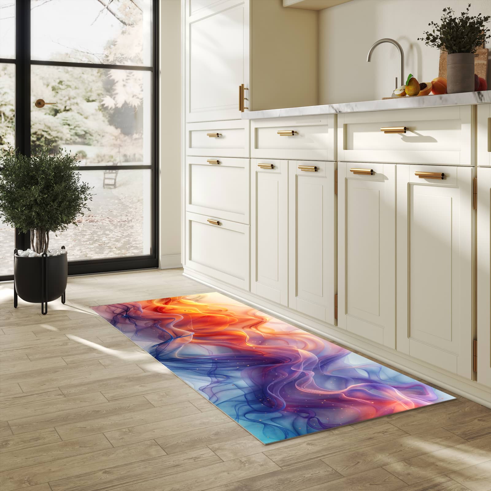 Feuchtigkeitsresistenter Bodenläufer mit Motiv Farbwirbel in heller Küche