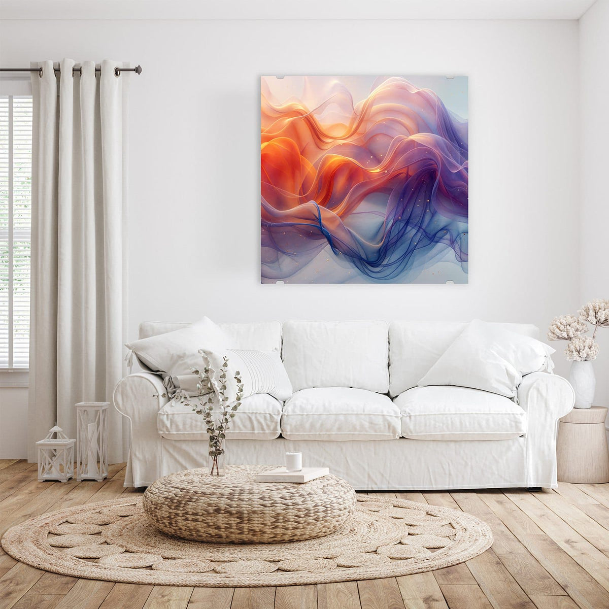 Glasbild Seidenbänder in Orange an der Wand – transparente, geschwungene Bänder in Orange, Violett und Blau mit Goldpunkten